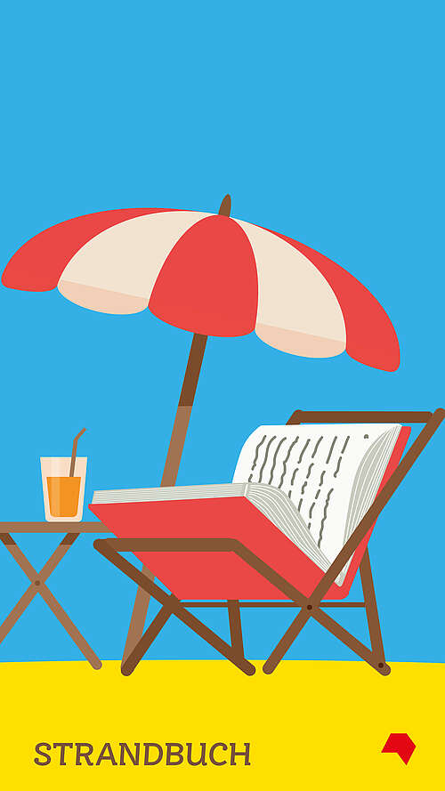 Text: Strandbuch - Grafik: Illustration eine Buchs als Liegestuhl am Strand mit Sonnenschirm