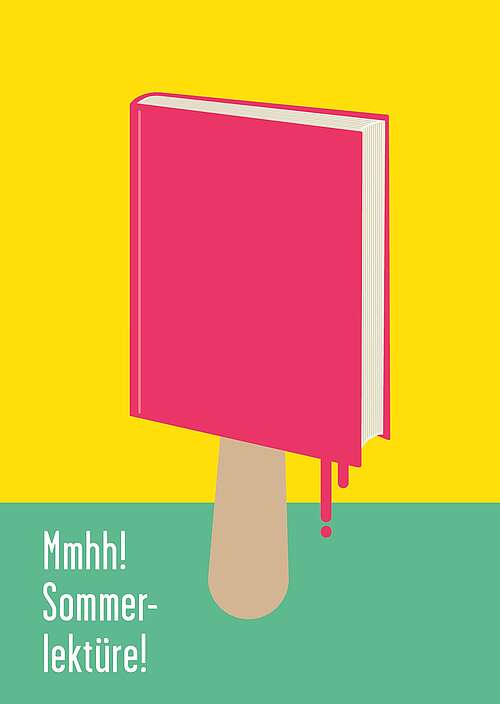 Text: Mmhh! Sommerlektüre - Grafik: Illustration eines Buches als Eis am Stiel. 