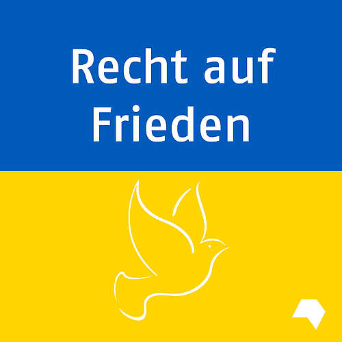 Download: Weiße Schrift, Hintergrund in den Farben der ukrainischen Flagge mit weißer Friedenstaube: Recht auf Frieden.